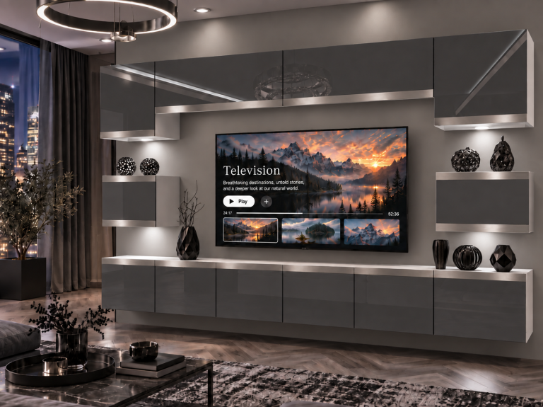 Obývací stěna Prestige 300 cm TV/RTV šedá lesk Výrobce IMP P Tarantino 3/5/W/S/0/0/SL