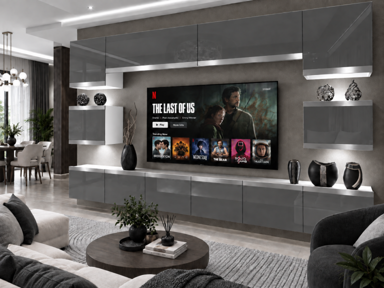 Obývací stěna Prestige 300 cm TV/RTV šedá lesk Výrobce IMP P Tarantino 3/5/W/S/0/0/SL