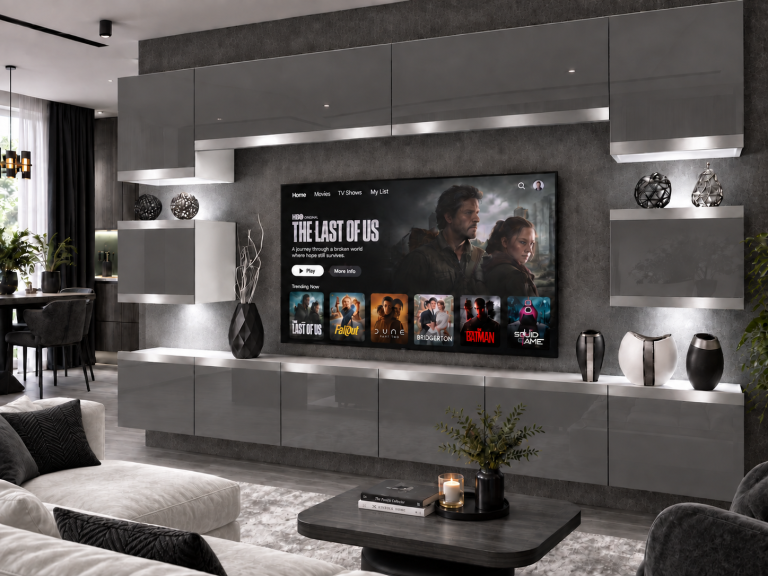 Obývací stěna Prestige 300 cm TV/RTV šedá lesk Výrobce IMP P Tarantino 3/5/W/S/0/0/SL