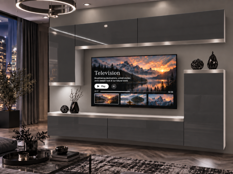 Obývací stěna Prestige 250 cm TV/RTV šedá lesk Výrobce IMP P Woody 8/5/W/S/0/0/SL