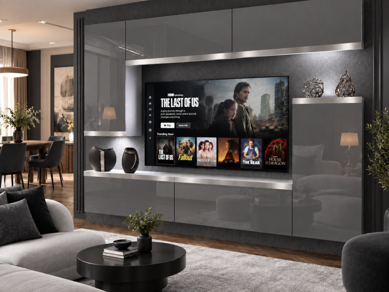 Obývací stěna Prestige 250 cm TV/RTV šedá lesk Výrobce IMP P Woody 8/5/W/S/0/0/SL