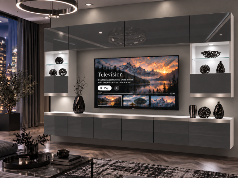 Obývací stěna Prestige 300 cm TV/RTV šedá lesk Výrobce IMP P1 Nolan 1/5/W/S/0/0/SL