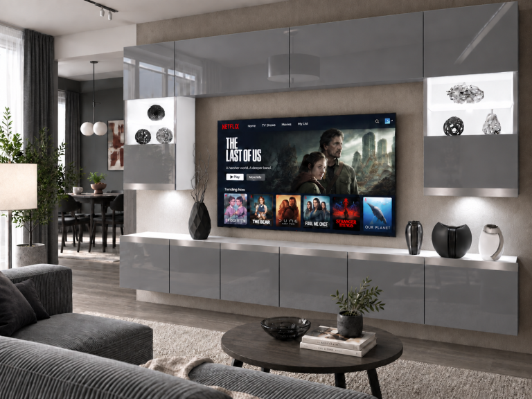 Obývací stěna Prestige 300 cm TV/RTV šedá lesk Výrobce IMP P1 Nolan 1/5/W/S/0/0/SL