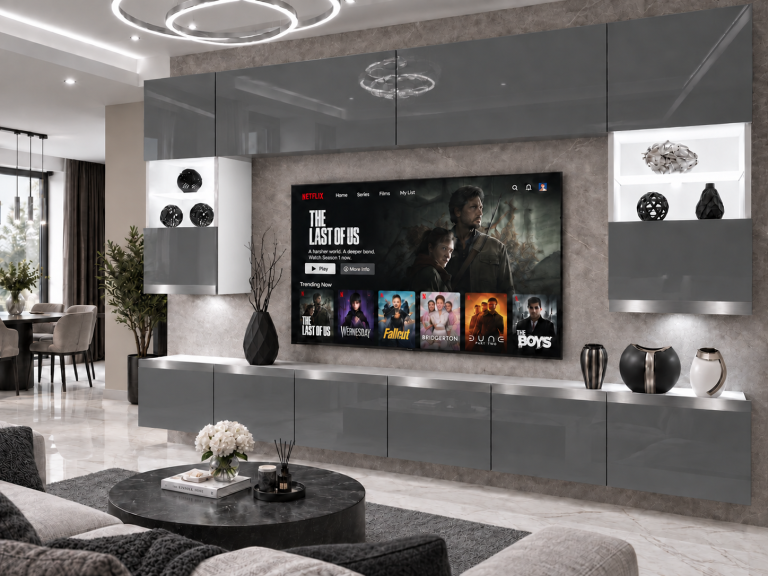 Obývací stěna Prestige 300 cm TV/RTV šedá lesk Výrobce IMP P1 Nolan 1/5/W/S/0/0/SL