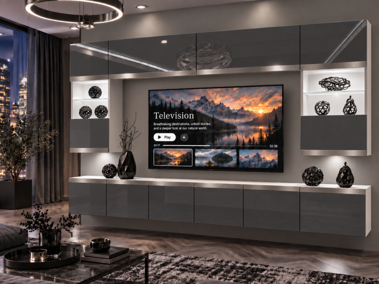 Obývací stěna Prestige 300 cm TV/RTV šedá lesk Výrobce IMP P2 Nolan 1/5/W/S/0/0/SL
