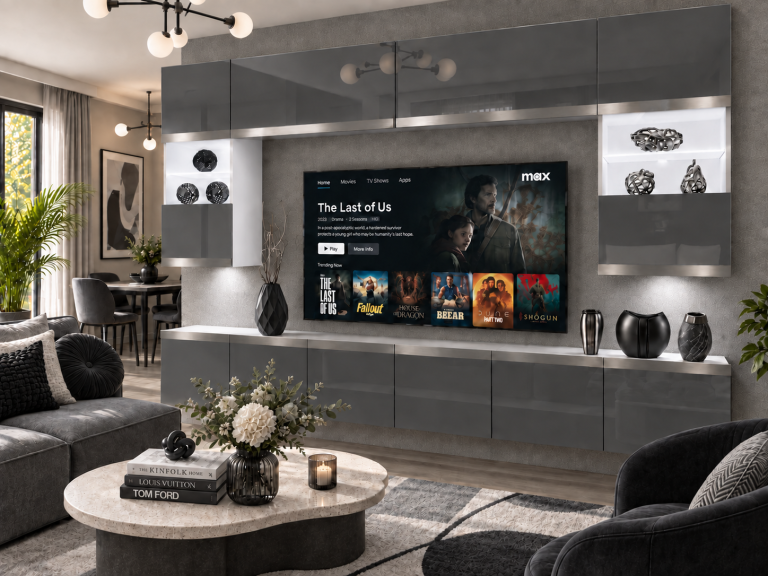 Obývací stěna Prestige 300 cm TV/RTV šedá lesk Výrobce IMP P2 Nolan 1/5/W/S/0/0/SL