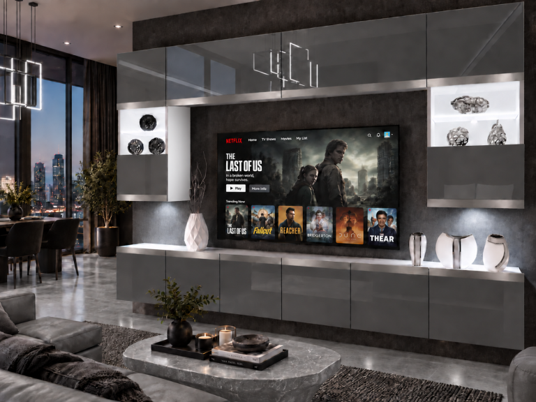 Obývací stěna Prestige 300 cm TV/RTV šedá lesk Výrobce IMP P2 Nolan 1/5/W/S/0/0/SL