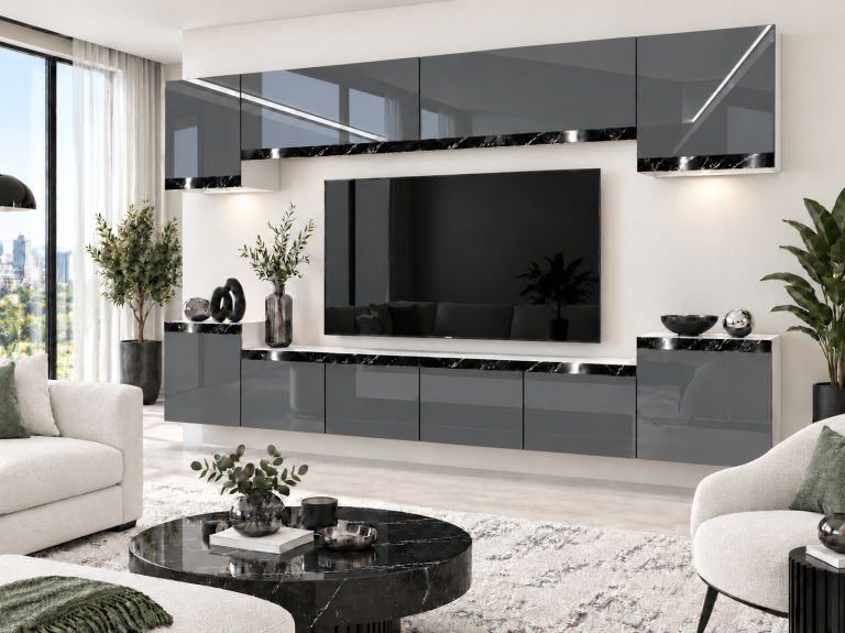 Obývací stěna Prestige 300 cm TV/RTV šedá lesk Výrobce IMP P Hepburn 4/5/W/S/0/0/CS