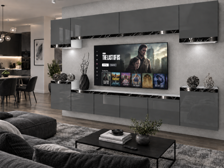 Obývací stěna Prestige 300 cm TV/RTV šedá lesk Výrobce IMP P Hepburn 4/5/W/S/0/0/CS