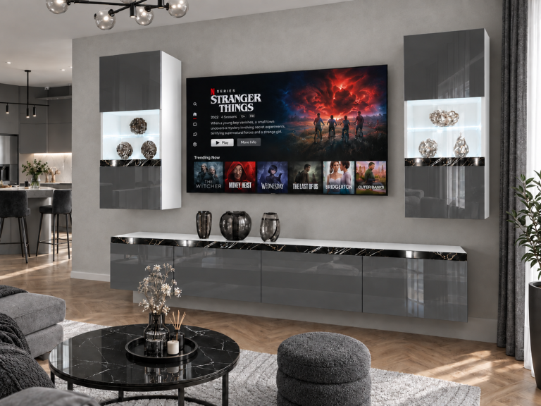 Obývací stěna Prestige 200 cm TV/RTV šedá lesk Výrobce IMP P Keanu 7/5/W/S/0/0/CS