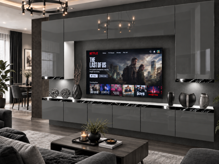 Obývací stěna Prestige 300 cm TV/RTV šedá lesk Výrobce IMP P Monroe 2/5/W/S/0/0/CS