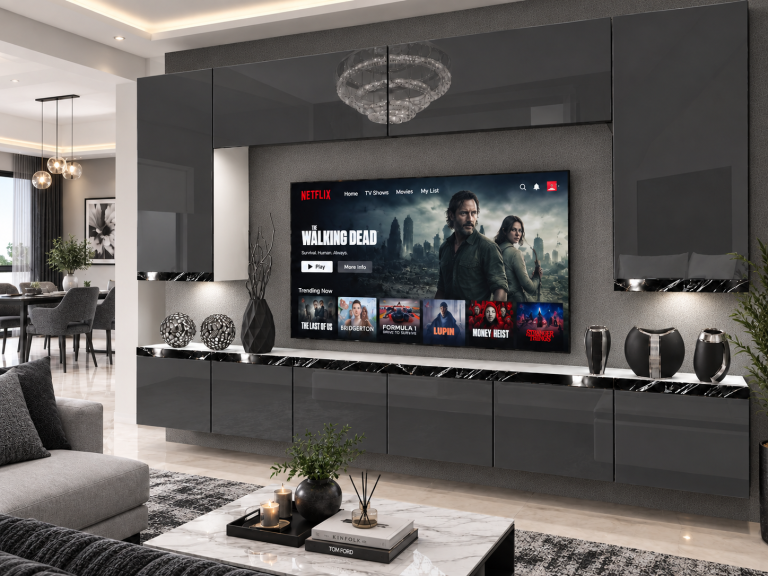 Obývací stěna Prestige 300 cm TV/RTV šedá lesk Výrobce IMP P Monroe 2/5/W/S/0/0/CS