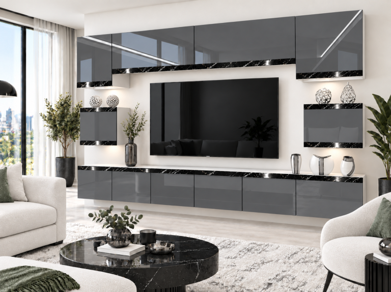 Obývací stěna Prestige 300 cm TV/RTV šedá lesk Výrobce IMP P Tarantino 3/5/W/S/0/0/CS