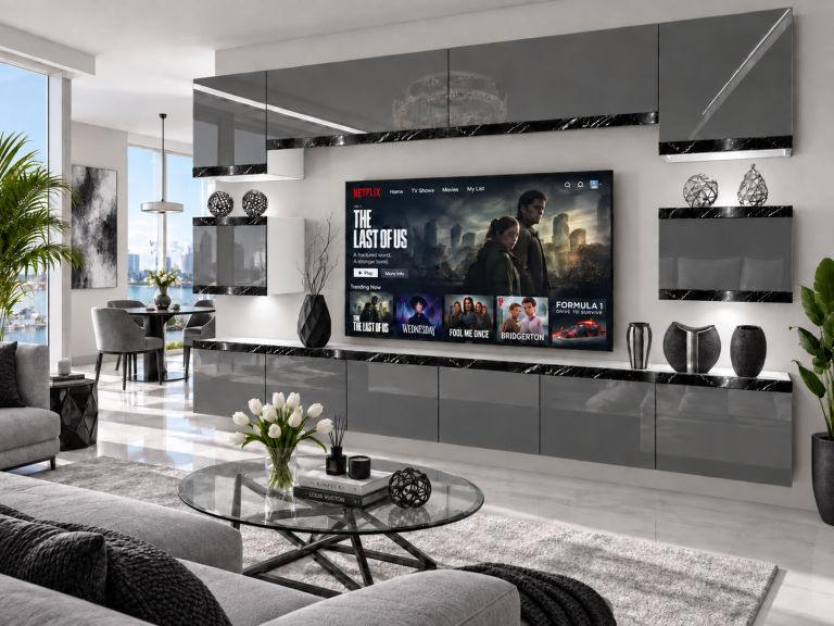 Obývací stěna Prestige 300 cm TV/RTV šedá lesk Výrobce IMP P Tarantino 3/5/W/S/0/0/CS