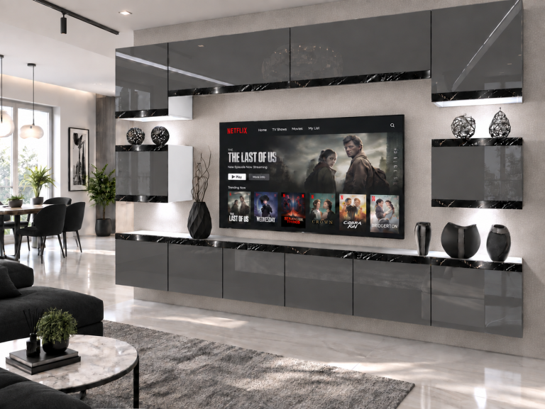 Obývací stěna Prestige 300 cm TV/RTV šedá lesk Výrobce IMP P Tarantino 3/5/W/S/0/0/CS