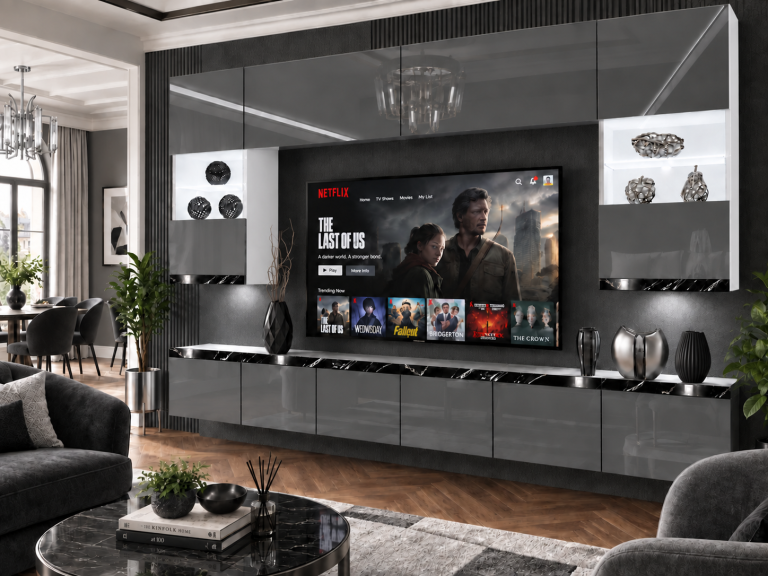 Obývací stěna Prestige 300 cm TV/RTV šedá lesk Výrobce IMP P1 Nolan 1/5/W/S/0/0/CS