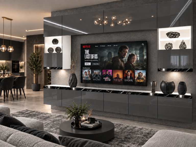Obývací stěna Prestige 300 cm TV/RTV šedá lesk Výrobce IMP P1 Nolan 1/5/W/S/0/0/CS