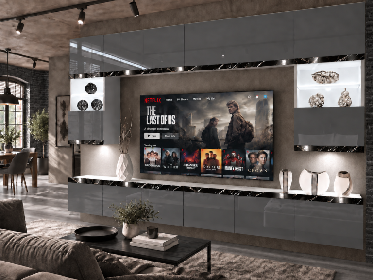 Obývací stěna Prestige 300 cm TV/RTV šedá lesk Výrobce IMP P2 Nolan 1/5/W/S/0/0/CS