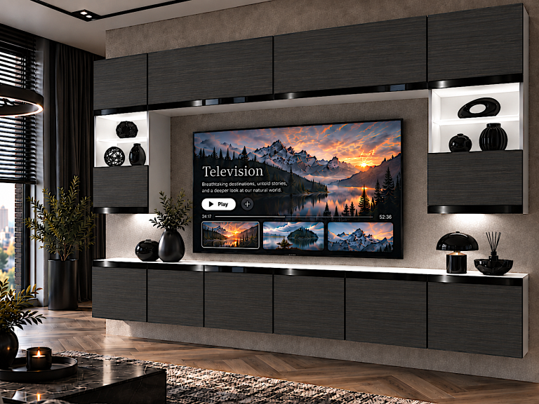 Obývací stěna Prestige 300 cm TV/RTV černá eben Výrobce IMP P2 Nolan 1/5/W/HK/0/0/CP