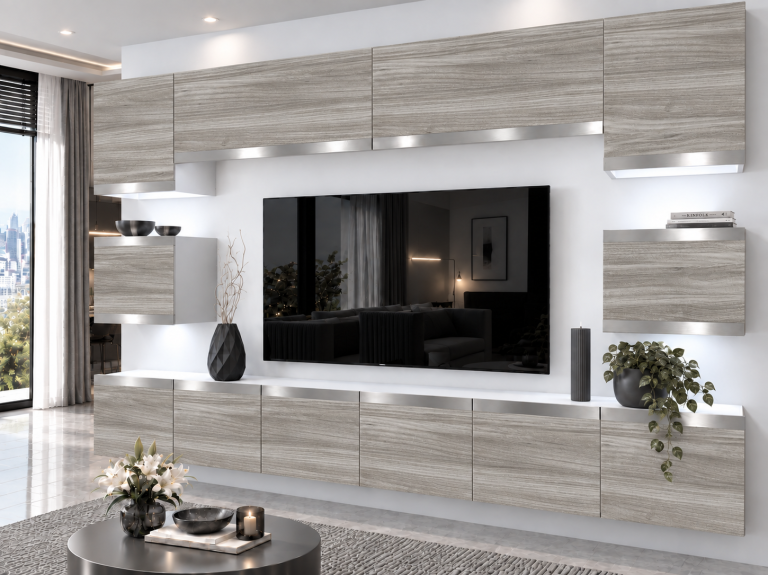 Obývací stěna Prestige 300 cm TV/RTV šedý antracit grafitový Výrobce IMP P Tarantino 3/5/W/GW1/0/0/SL