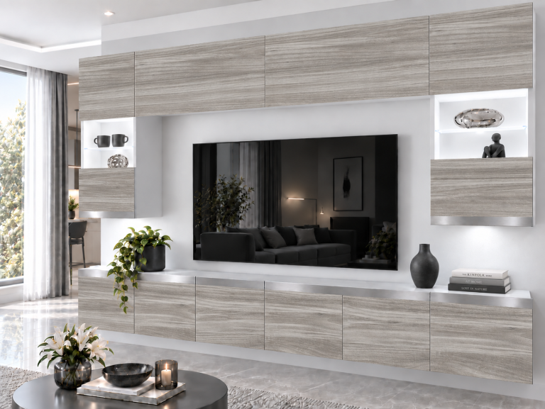 Obývací stěna Prestige 300 cm TV/RTV šedý antracit grafitový Výrobce IMP P1 Nolan 1/5/W/GW1/0/0/SL