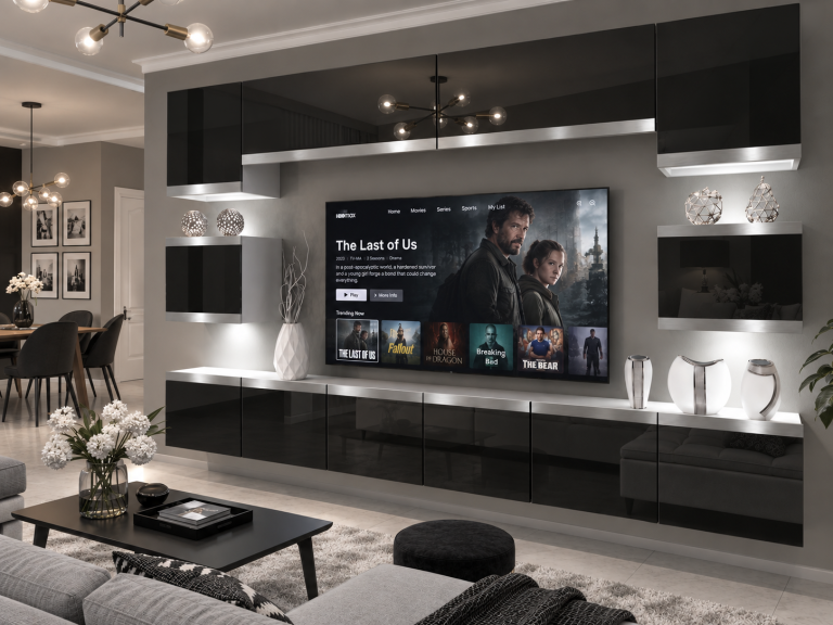 Obývací stěna Prestige 300 cm TV/RTV černá lesk Výrobce IMP P Tarantino 3/5/W/B/0/0/SL