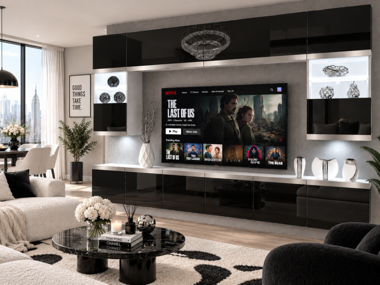 Obývací stěna Prestige 300 cm TV/RTV černá lesk Výrobce IMP P2 Nolan 1/5/W/B/0/0/SL
