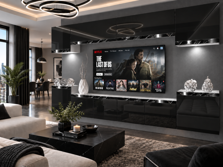 Obývací stěna Prestige 300 cm TV/RTV černá lesk Výrobce IMP P Hepburn 4/5/W/B/0/0/CS