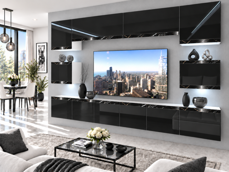 Obývací stěna Prestige 300 cm TV/RTV černá lesk Výrobce IMP P Tarantino 3/5/W/B/0/0/CS