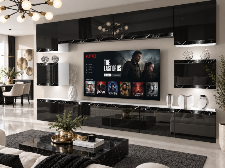 Obývací stěna Prestige 300 cm TV/RTV černá lesk Výrobce IMP P Tarantino 3/5/W/B/0/0/CS
