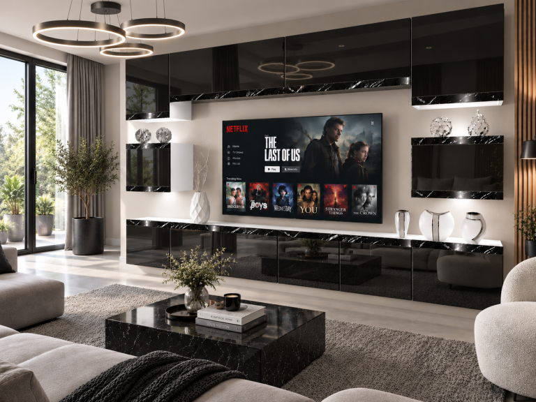 Obývací stěna Prestige 300 cm TV/RTV černá lesk Výrobce IMP P Tarantino 3/5/W/B/0/0/CS