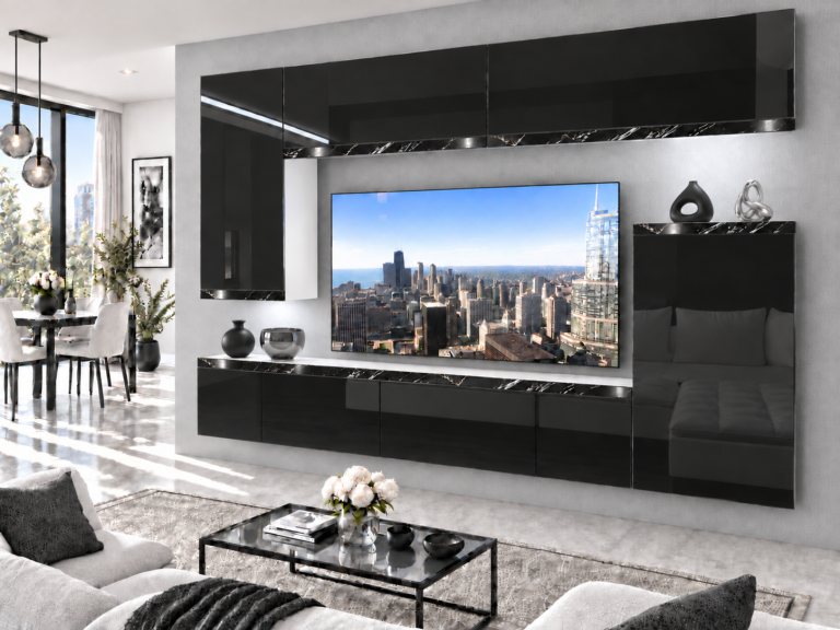 Obývací stěna Prestige 250 cm TV/RTV černá lesk Výrobce IMP P Woody 8/5/W/B/0/0/CS