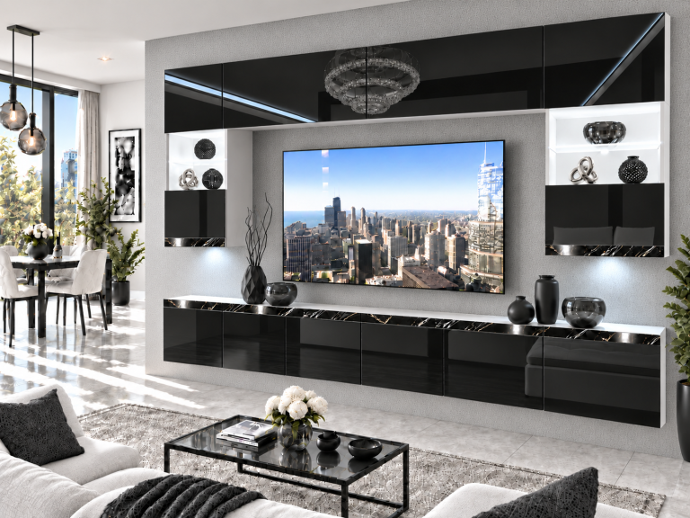 Obývací stěna Prestige 300 cm TV/RTV černá lesk Výrobce IMP P1 Nolan 1/5/W/B/0/0/CS