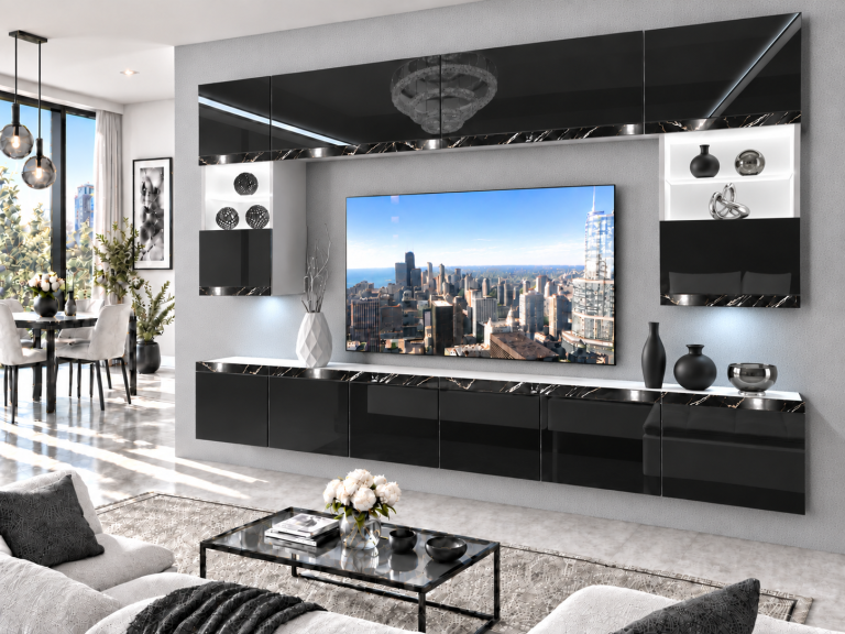 Obývací stěna Prestige 300 cm TV/RTV černá lesk Výrobce IMP P2 Nolan 1/5/W/B/0/0/CS