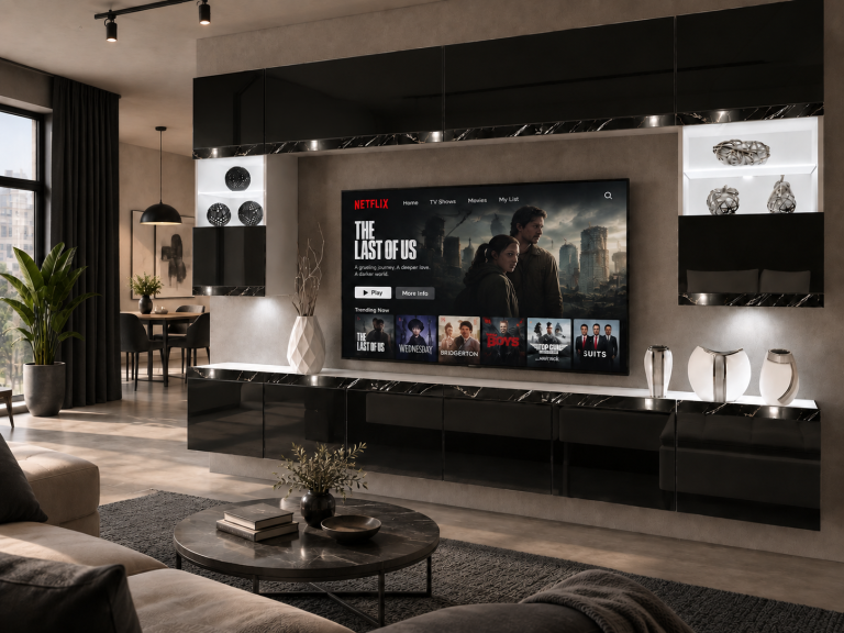 Obývací stěna Prestige 300 cm TV/RTV černá lesk Výrobce IMP P2 Nolan 1/5/W/B/0/0/CS
