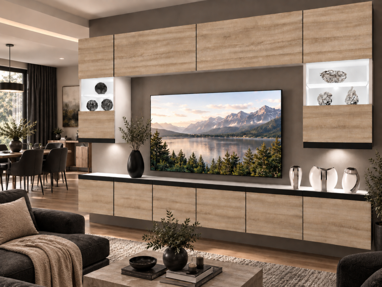 Obývací stěna Prestige 300 cm TV/RTV dubová dub wotan dub sonoma Výrobce IMP P1 Nolan 1/5/W/DS/0/0/CM