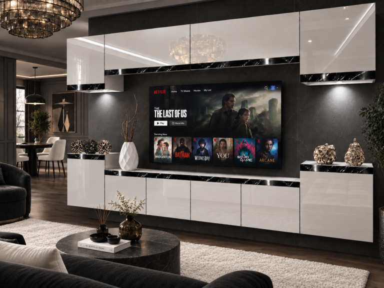 Obývací stěna Prestige 300 cm TV/RTV bílá lesk Výrobce IMP P Hepburn 4/5/W/W/0/0/CS