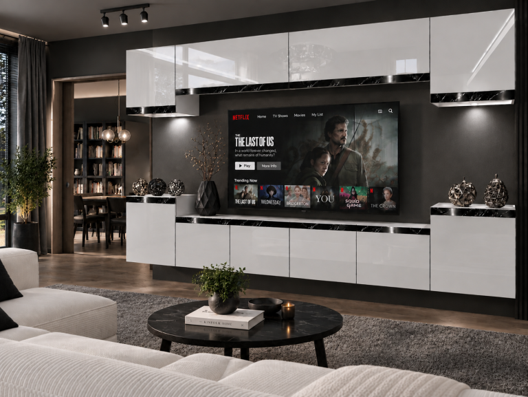 Obývací stěna Prestige 300 cm TV/RTV bílá lesk Výrobce IMP P Hepburn 4/5/W/W/0/0/CS