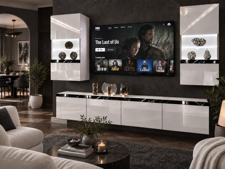 Obývací stěna Prestige 200 cm TV/RTV bílá lesk Výrobce IMP P Keanu 7/5/W/W/0/0/CS