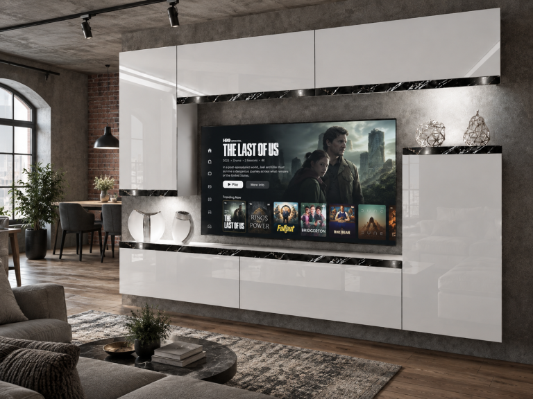 Obývací stěna Prestige 250 cm TV/RTV bílá lesk Výrobce IMP P Woody 8/5/W/W/0/0/CS