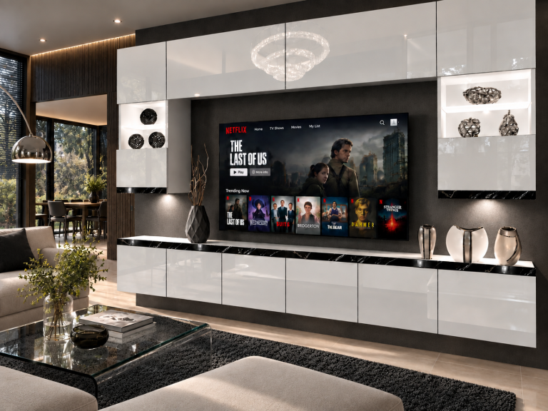 Obývací stěna Prestige 300 cm TV/RTV bílá lesk Výrobce IMP P1 Nolan 1/5/W/W/0/0/CS