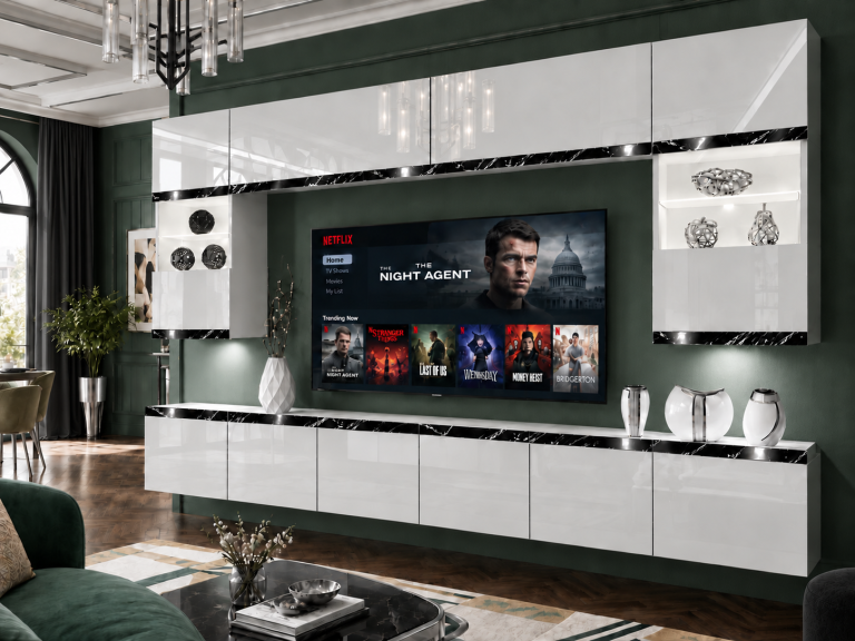 Obývací stěna Prestige 300 cm TV/RTV bílá lesk Výrobce IMP P2 Nolan 1/5/W/W/0/0/CS