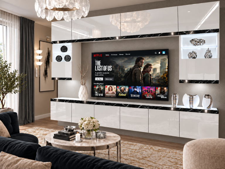 Obývací stěna Prestige 300 cm TV/RTV bílá lesk Výrobce IMP P2 Nolan 1/5/W/W/0/0/CS
