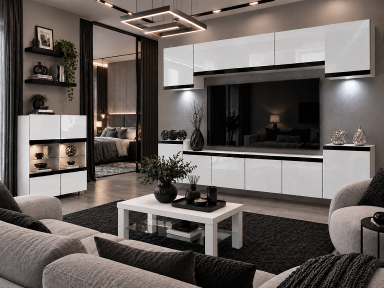 Obývací stěna Prestige 300 cm TV/RTV bílá lesk Výrobce IMP P Hepburn 4/5/W/W/0/0/CM