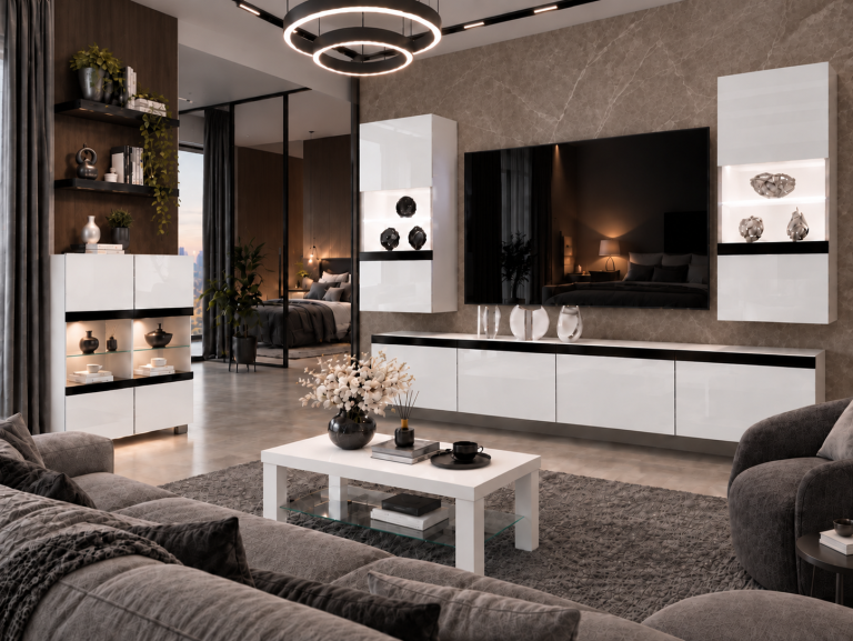 Obývací stěna Prestige 200 cm TV/RTV bílá lesk Výrobce IMP P Keanu 7/5/W/W/0/0/CM