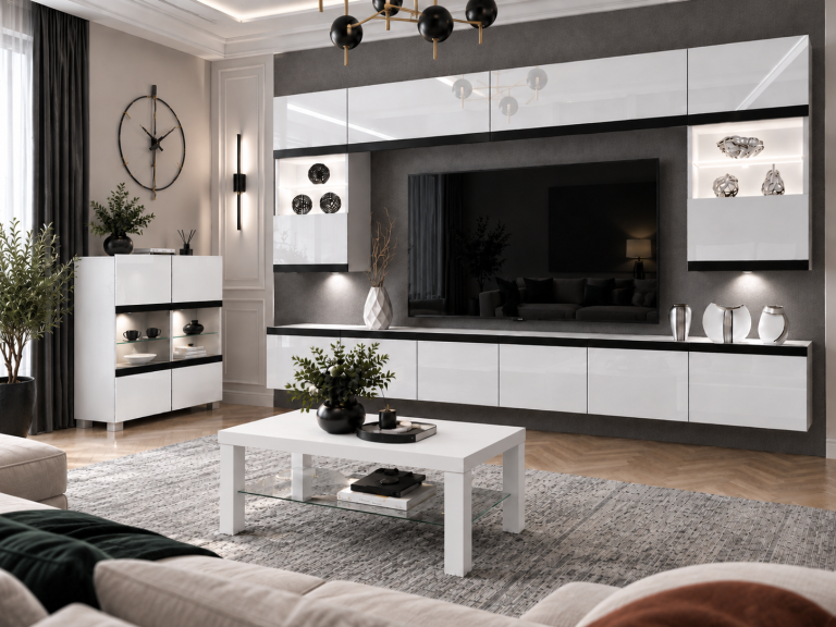 Obývací stěna Prestige 300 cm TV/RTV bílá lesk Výrobce IMP P2 Nolan 1/5/W/W/0/0/CM