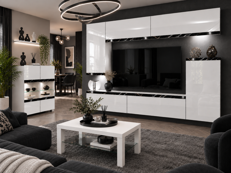 Obývací stěna Prestige 250 cm TV/RTV bílá lesk Výrobce IMP P Woody 8/5/W/W/0/0/CS