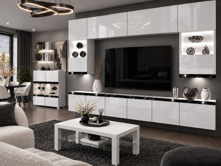 Obývací stěna Prestige 300 cm TV/RTV bílá lesk Výrobce IMP P1 Nolan 1/5/W/W/0/0/CS