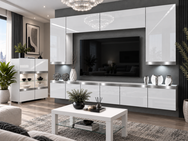 Obývací stěna Prestige 300 cm TV/RTV bílá lesk Výrobce IMP P Monroe 2/5/W/W/0/0/SL