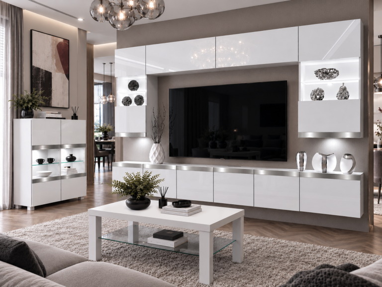 Obývací stěna Prestige 300 cm TV/RTV bílá lesk Výrobce IMP P1 Nolan 1/5/W/W/0/0/SL